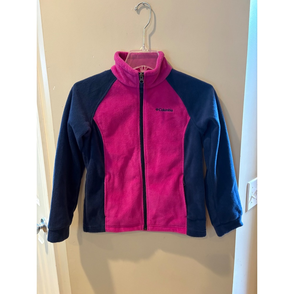 Columbia Girls Pink Navy Blue Full Zip Fleece Jacket Size M 10/12 Colorblock